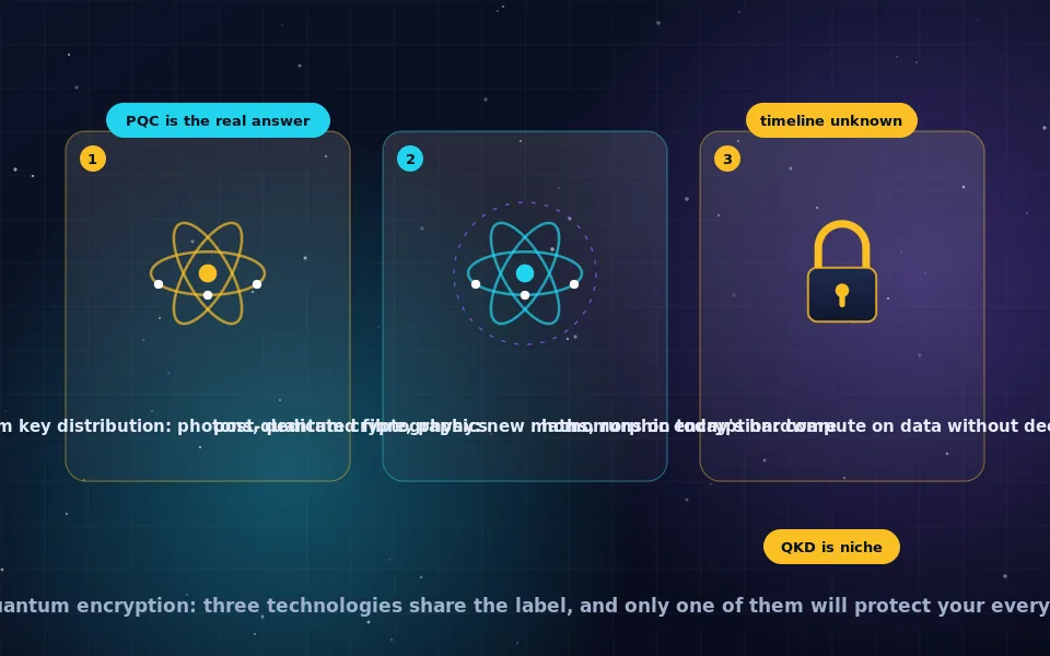 Illustration of quantum encryption concepts: photons carrying a key along a fibre, a lattice diagram representing post-quantum algorithms, and a sealed box computing on encrypted data