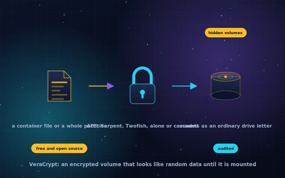 Illustration of VeraCrypt: a container file that mounts as a drive, with layered cipher rings and a passphrase key, on a laptop