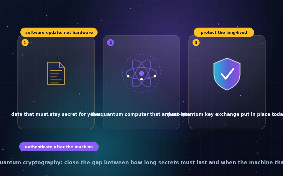 Illustration of the purpose of post-quantum cryptography: an archive of documents shielded across a timeline that passes a quantum computer, with software library and protocol icons