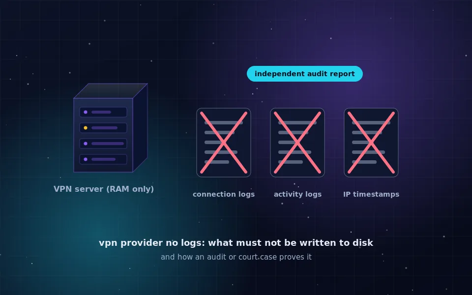 VPN provider no logs: a RAM-only VPN server next to three crossed-out log files for connection logs, activity logs and IP timestamps, with an independent audit badge
