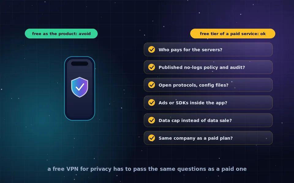 Illustration weighing a free VPN: a phone with a shield on one side and a checklist of questions about logging, ads and business model on the other