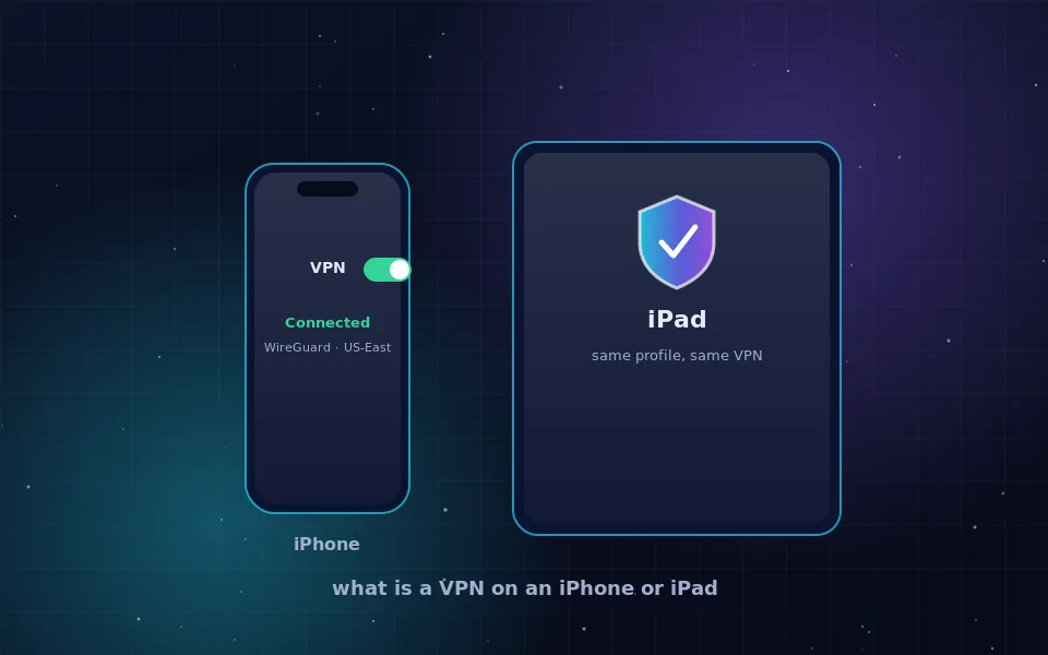 What is a VPN in iPhone: an iPhone showing the VPN switch connected next to an iPad with the same shield, indicating one profile protects both devices