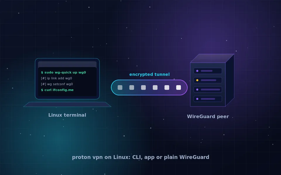Proton VPN on Linux: a terminal window running a WireGuard tunnel next to the Proton VPN and Mullvad app icons, with distribution logos for Arch Linux and Linux Mint