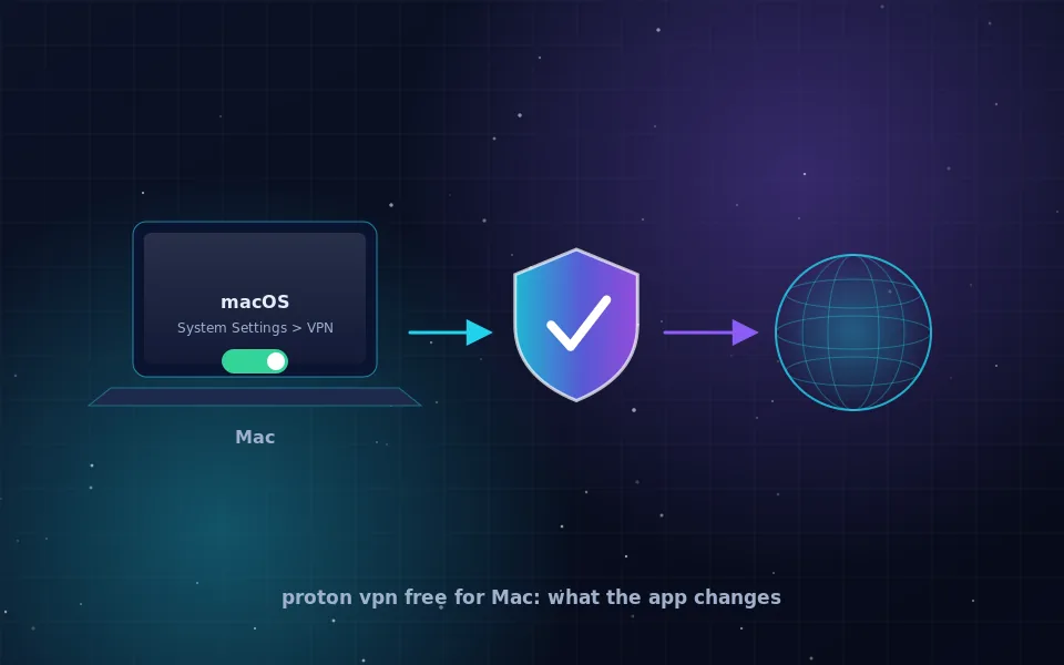 Proton VPN free for Mac: a MacBook with the VPN menu bar icon connected, next to a card comparing the free plan and iCloud Private Relay
