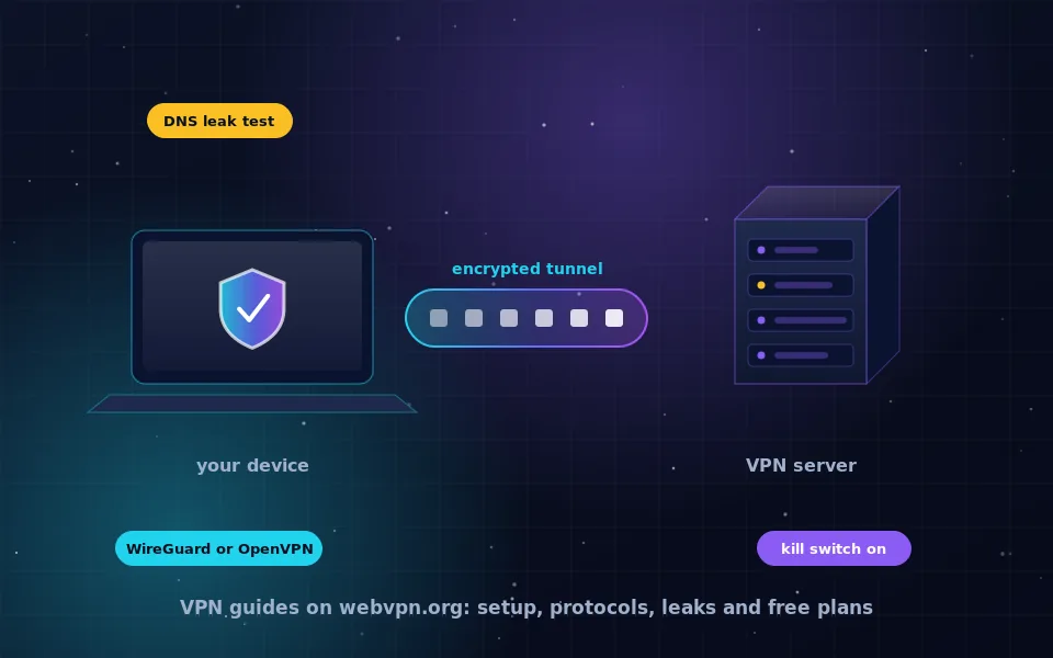 VPN topic hub illustration: a laptop connected through an encrypted tunnel to a VPN server, with badges for WireGuard, kill switch and DNS leak test