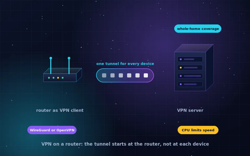 Illustration of a home router with antennas sending an encrypted tunnel to a VPN server, with a phone, a laptop and a TV connected behind it