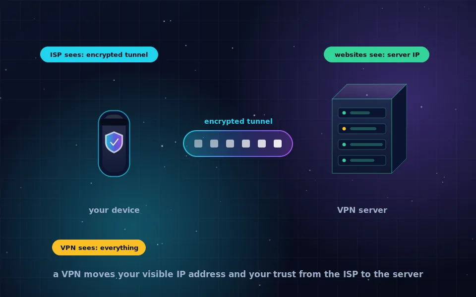 Diagram explaining what a VPN is: a phone and a laptop connected through an encrypted tunnel to a VPN server, which then connects to the internet, with the ISP shown outside the tunnel