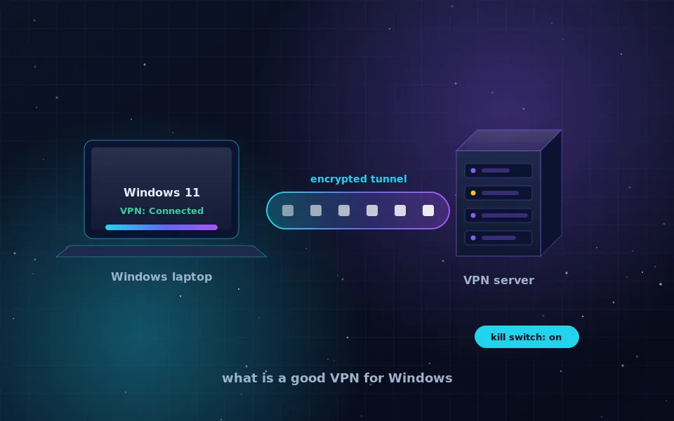 What is a good VPN for Windows: a Windows 11 laptop connected through an encrypted tunnel to a VPN server with the kill switch enabled