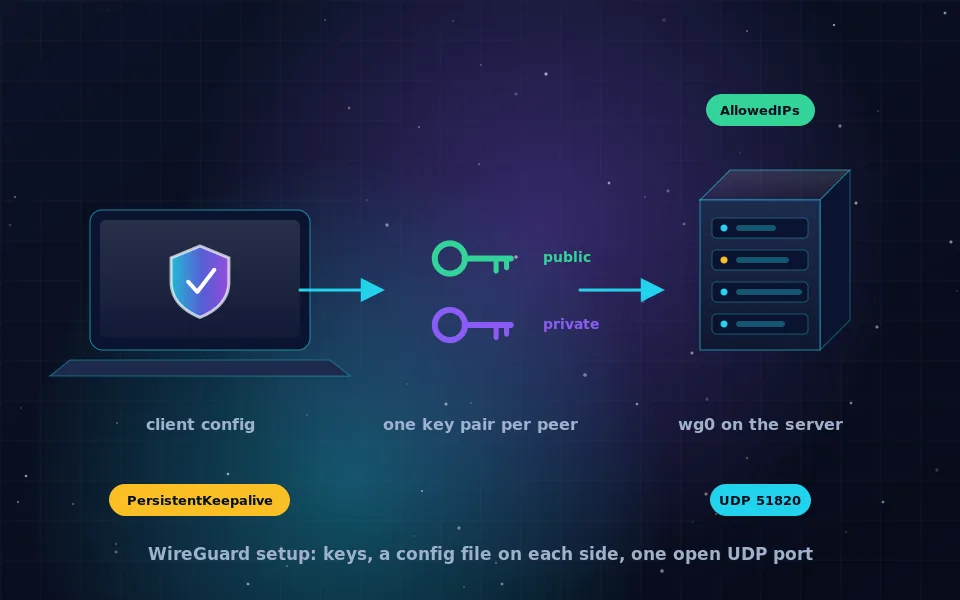 Diagram of a WireGuard setup: a laptop and a phone connected through an encrypted tunnel to a server, with key icons for the public and private key pair