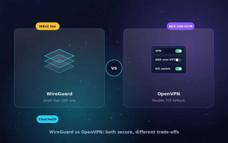 Comparison illustration of WireGuard and OpenVPN: two panels with a lightweight tunnel on the left and a configurable tunnel on the right, separated by a vs badge